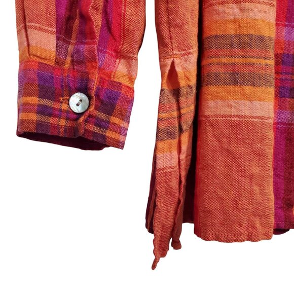 Chicos Design 3 Size XL Shirt Abalone Shell Button Plaid 100% Linen Relaxed Boho - Picture 9 of 11